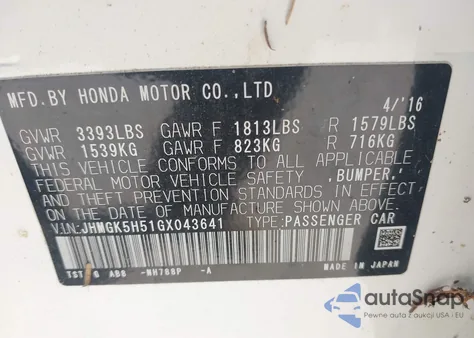 2016 Honda Fit Lx из США, поврежденный, VIN JHMGK5H51GX043641